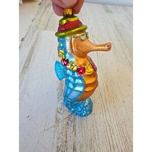 Blue glitter seahorse Hawaiian glass ornament Xmas tree